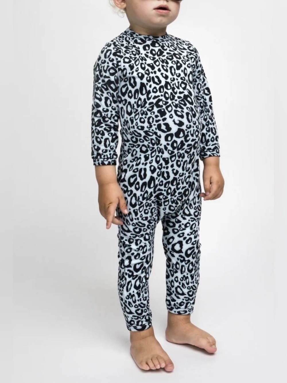 Kids Long-Sleeve One-Piece Swim Suit in Black & White Leopard
